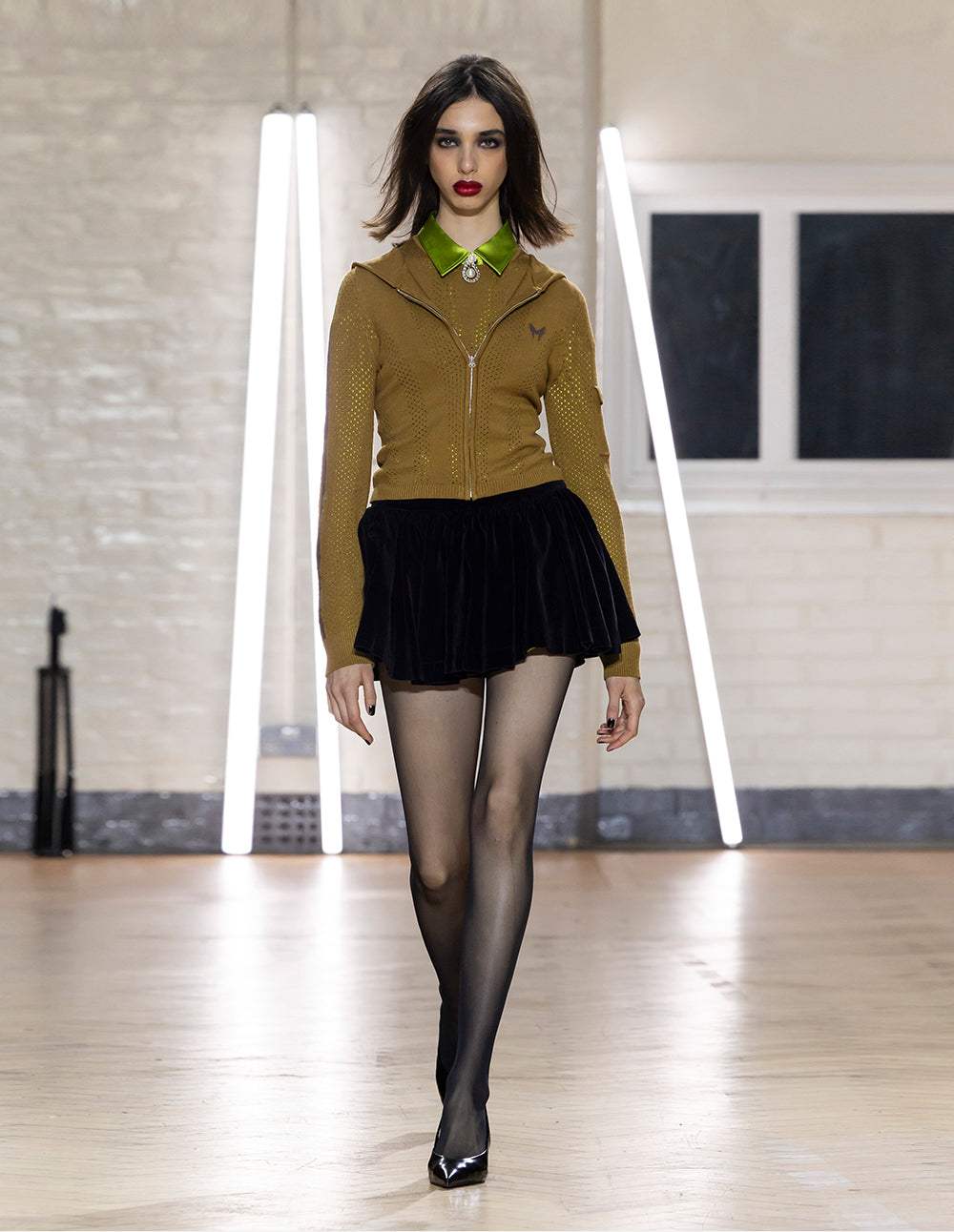 MF high waist short hooded zippered sleeve sweater knitted cardigan