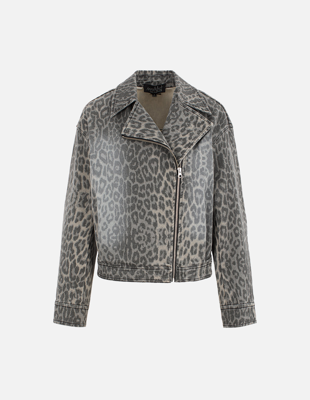 MF neat large lapel slant placket zipper gray leopard print washed denim jacket