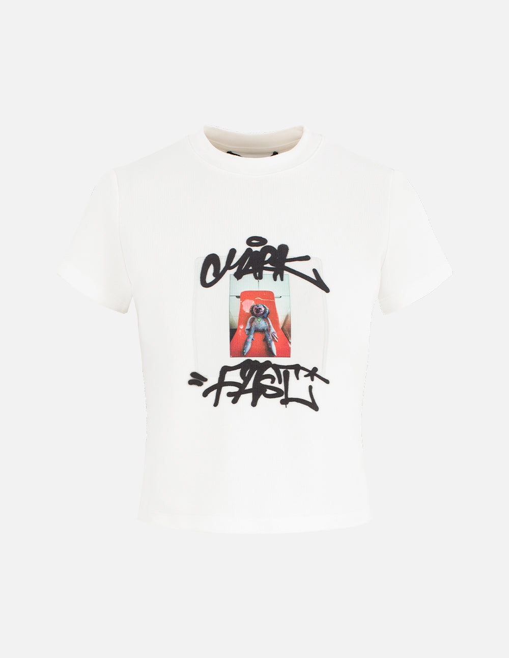 MF Threaded Round Neck Abstract Digital Printing All-Match Pure White T-shirt