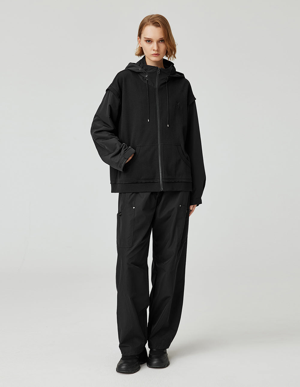 MF Hooded Drawstring Zipper Layered Loose Black Jacket