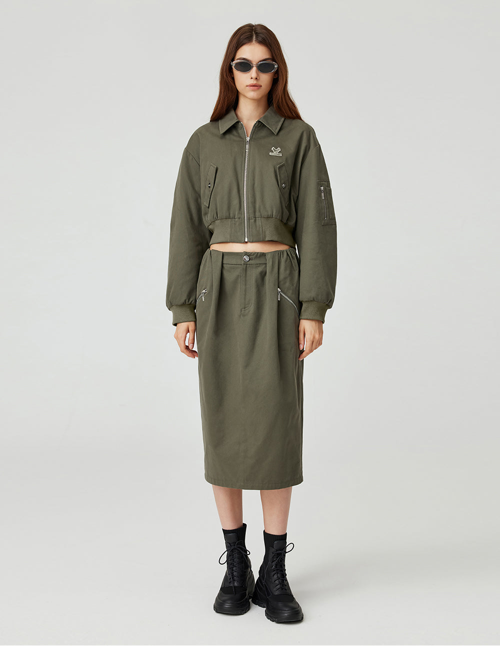 MF Retro Grey Olive Green Loose Straight Fit Pleated Design Versatile Midi Skirt