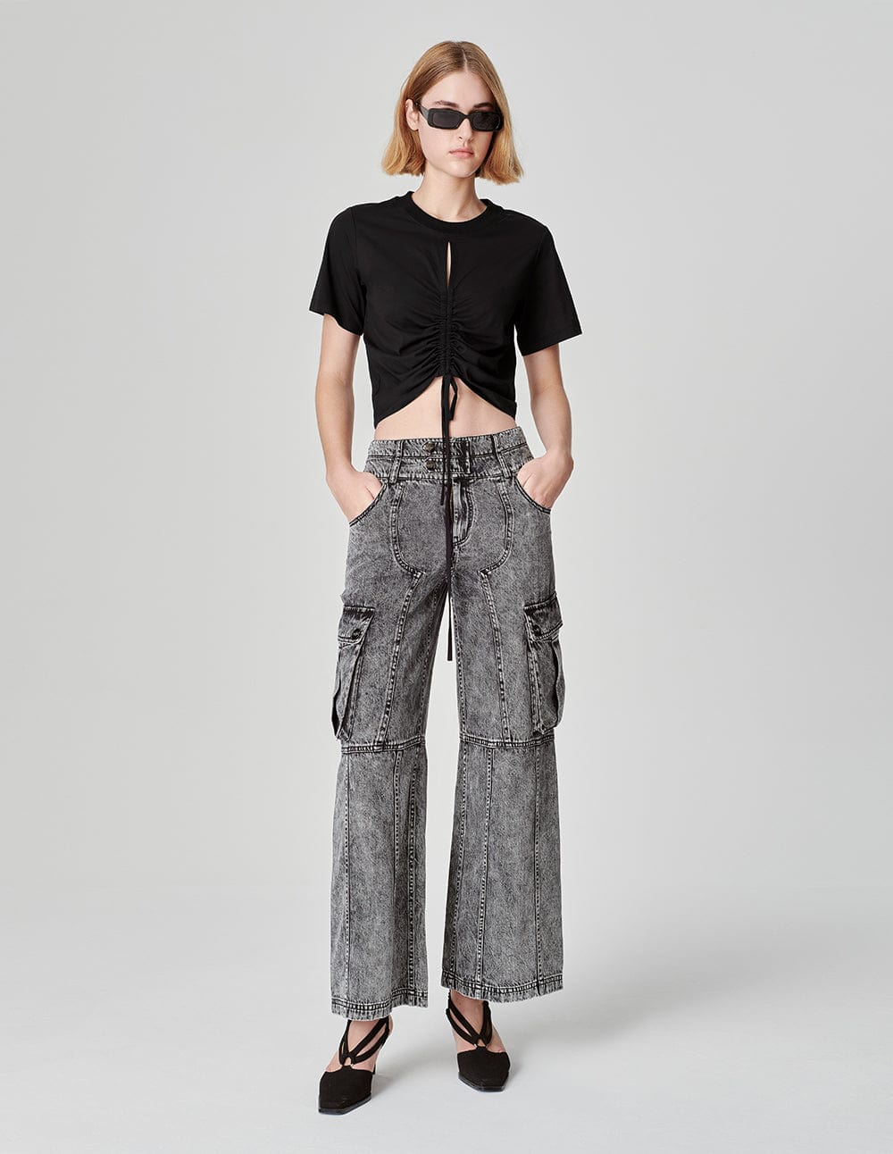 Women's Pleated Drawstring Crew Neck Cropped T-Shirt