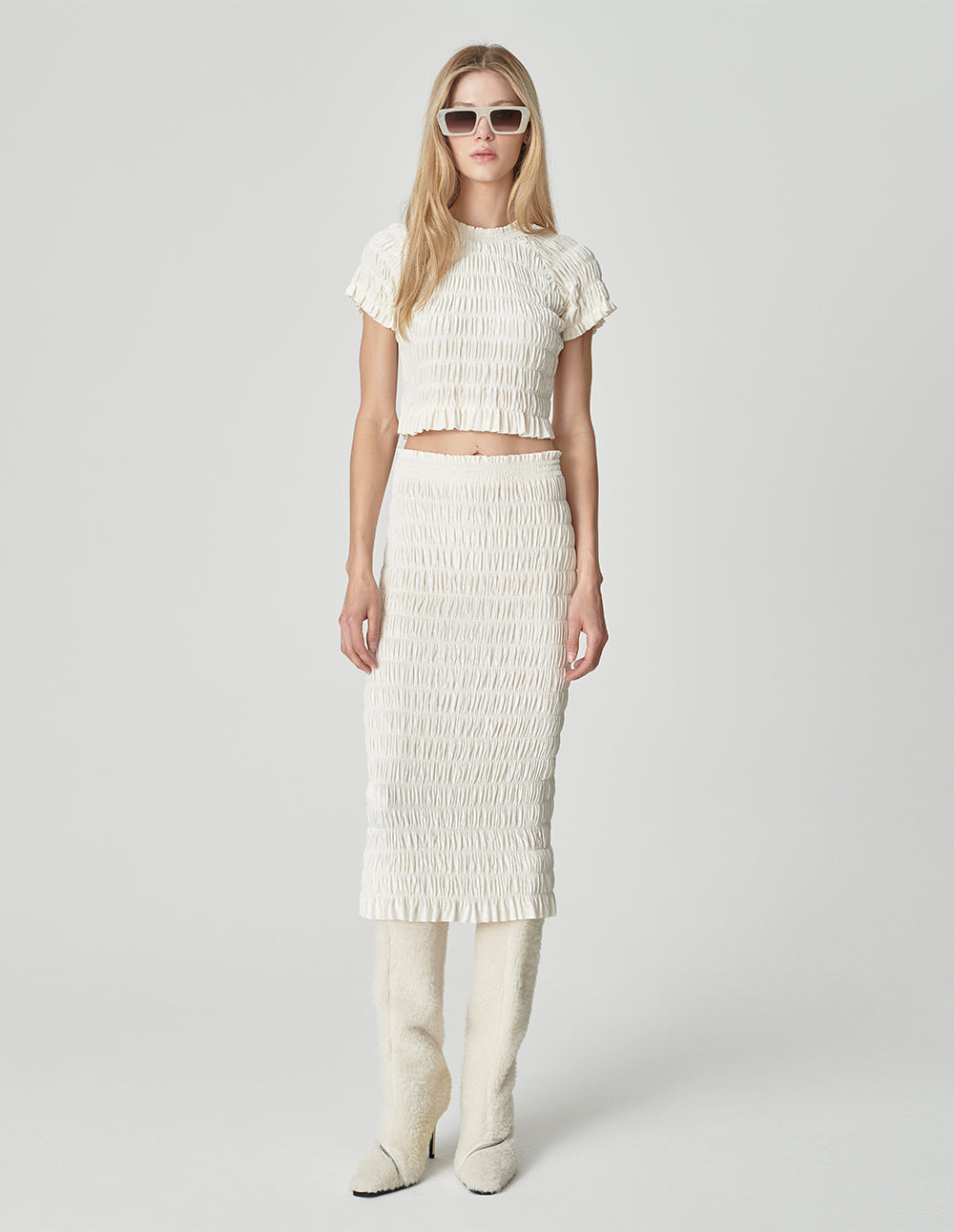 Women's Ivory Stretch Pleated Crop Top