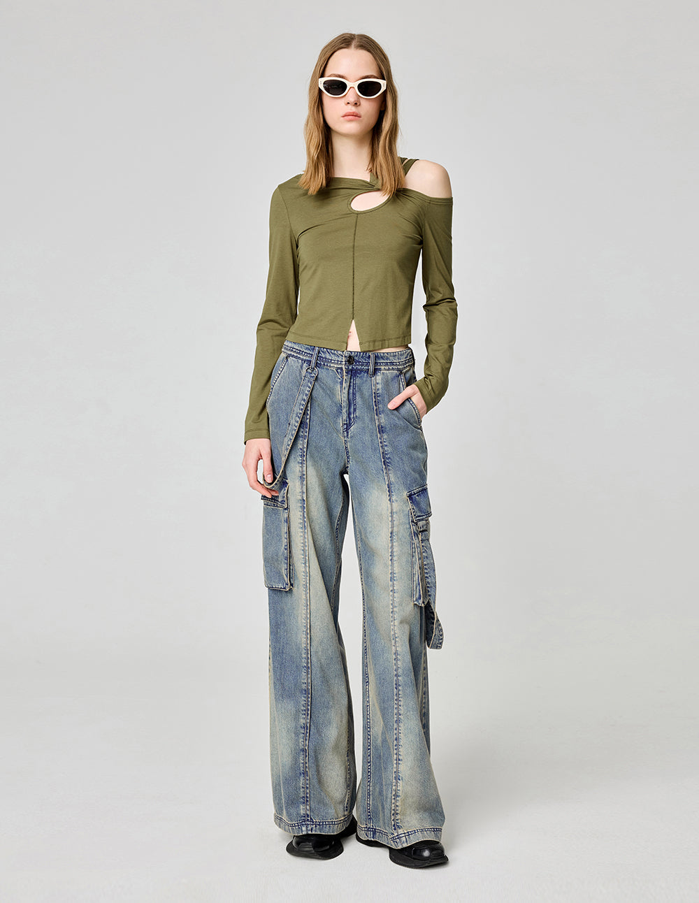 One-Shoulder Oblique Collar Double Strap Hollow Top