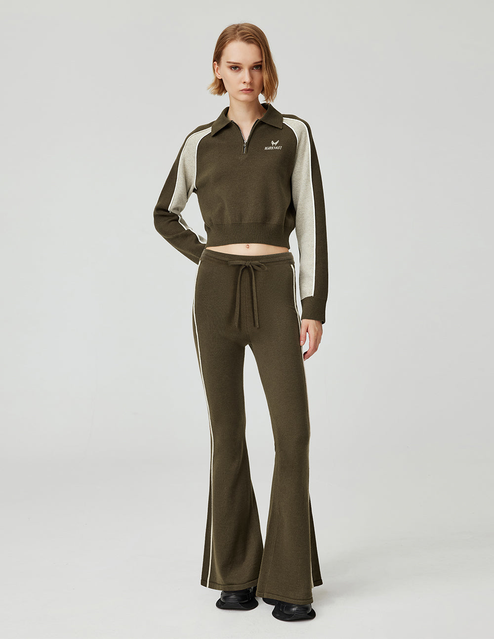 MF gray olive green contrast side stripes versatile loose knit wide-leg pants