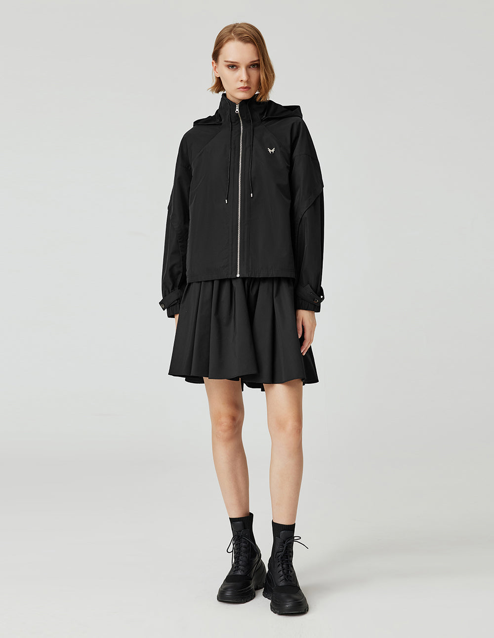 MF stand-up collar loose workwear style hooded zip-up jacket