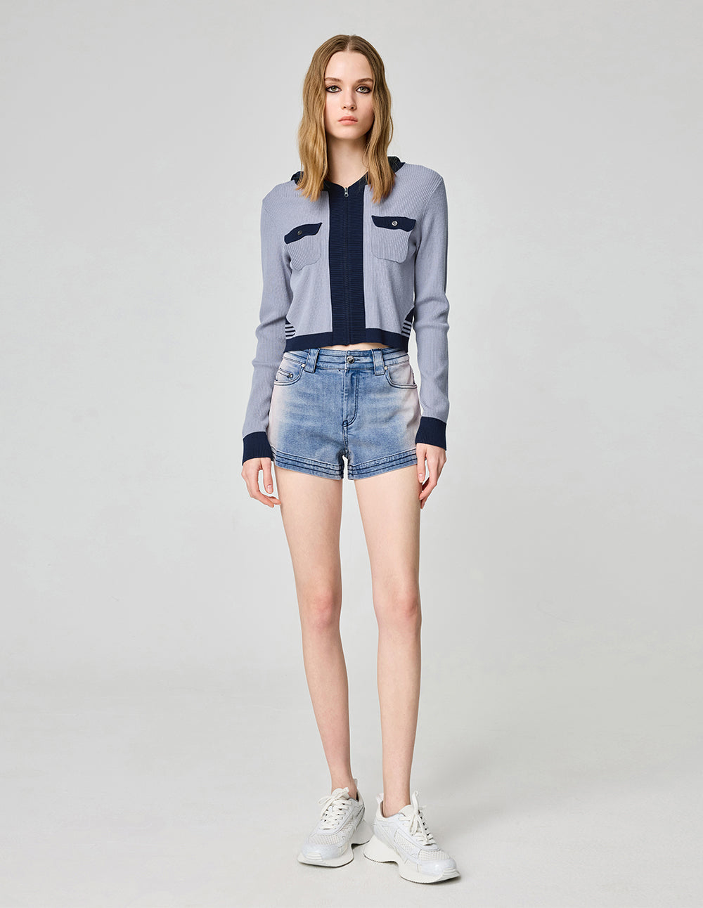 Women's Gray Purple Knitted Hooded Cardigan