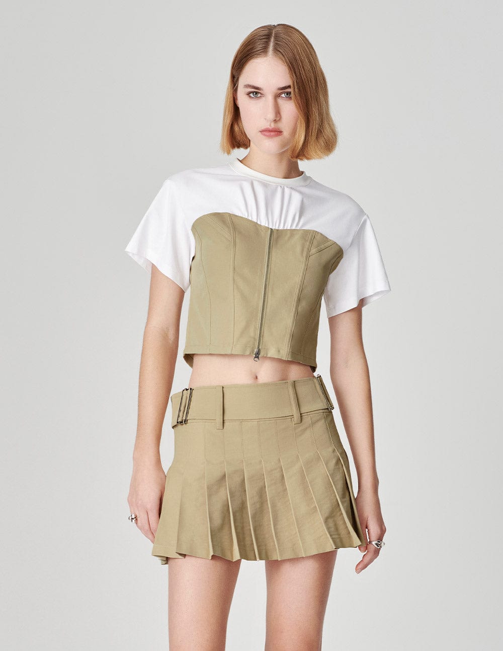 Women's Apricot Patchwork Fake Two-Piece Crop Top