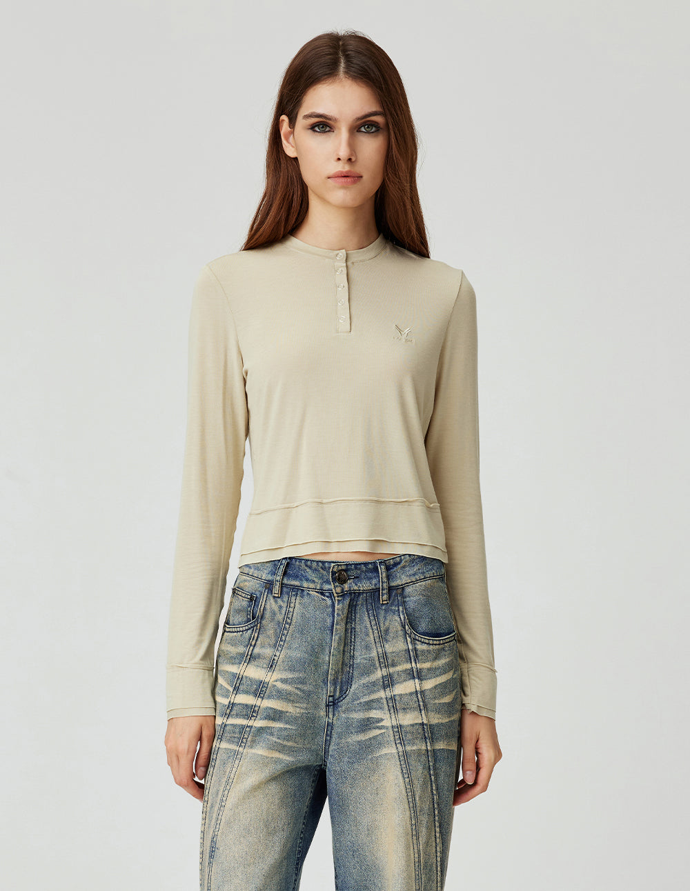 MF all-match apricot round neck monster comfortable stretch top