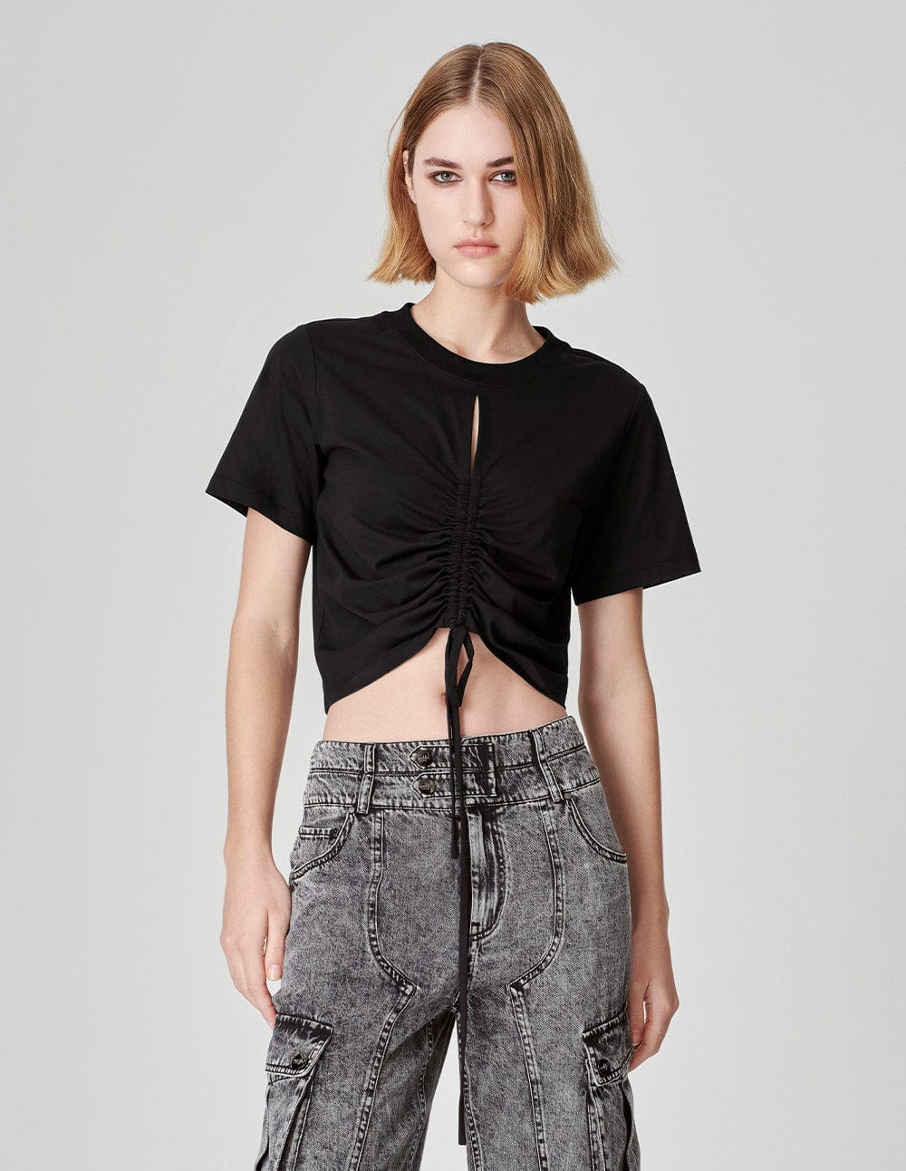 Women's Pleated Drawstring Crew Neck Cropped T-Shirt