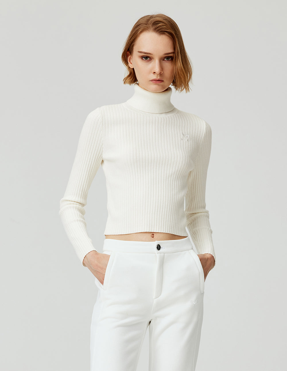 MF Premium White Versatile Turtleneck Ribbed Knit Pullover