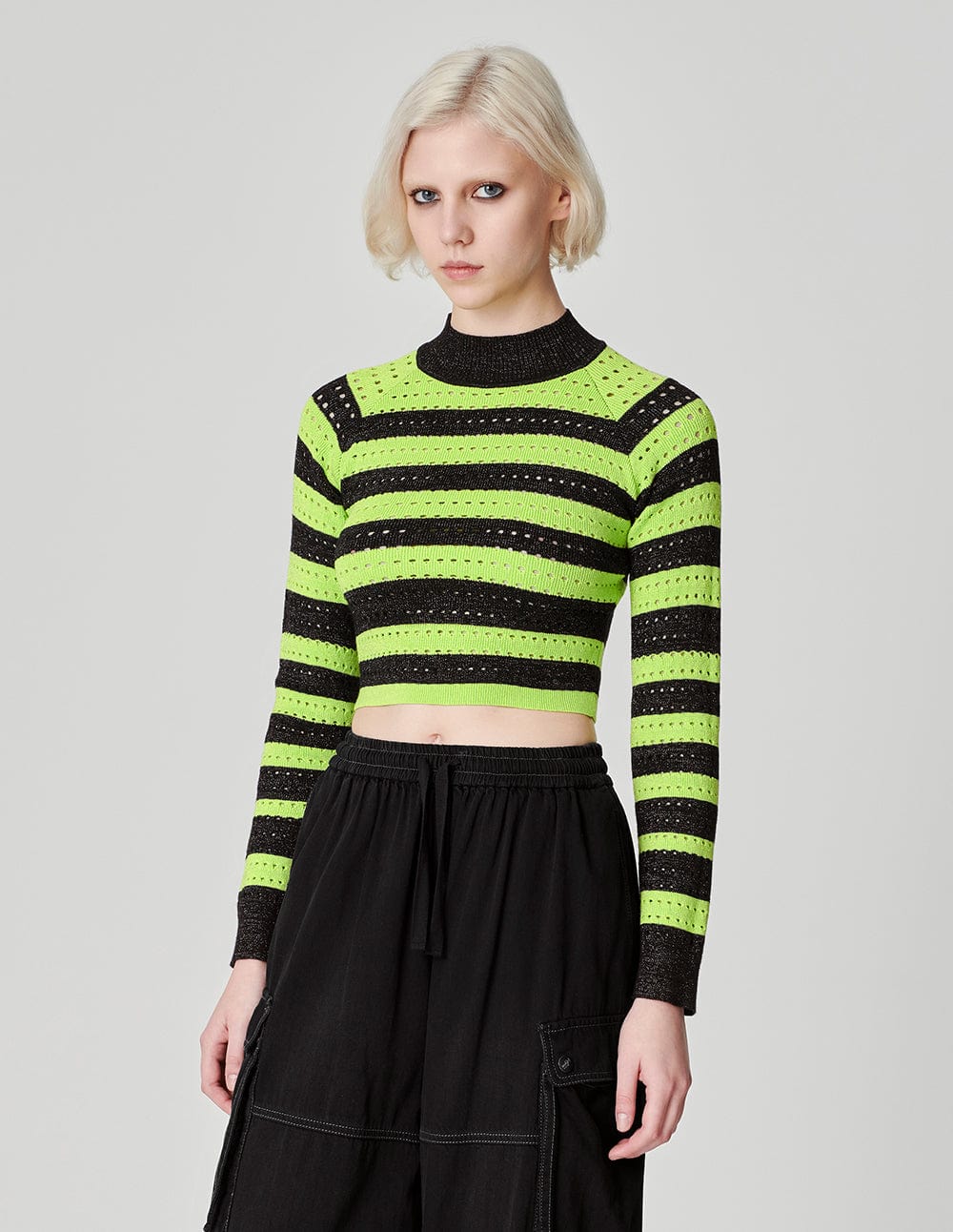 Women's Fluorescent Green Contrast Striped Sweater