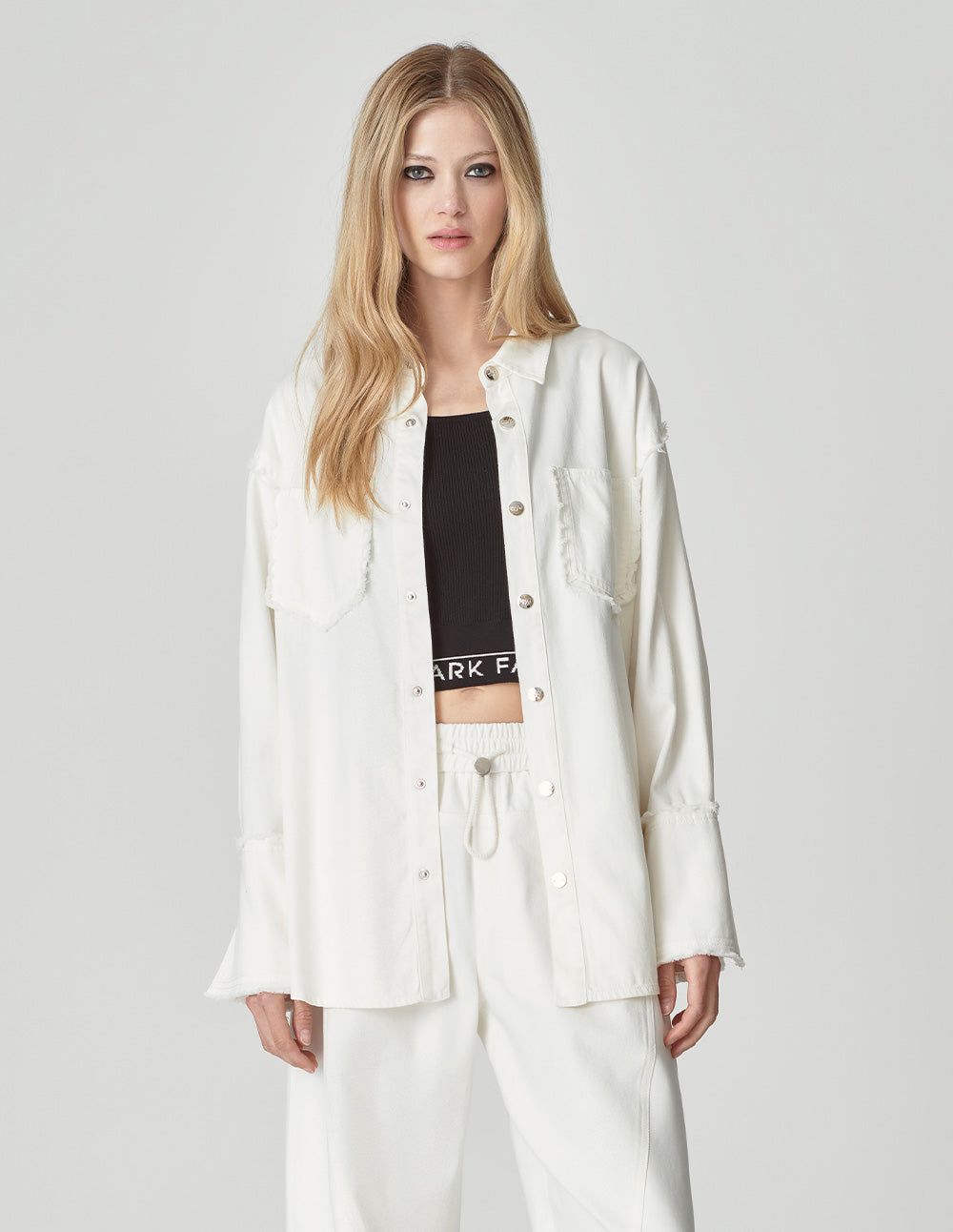 Women's White Long Sleeve Washed Denim Shirt