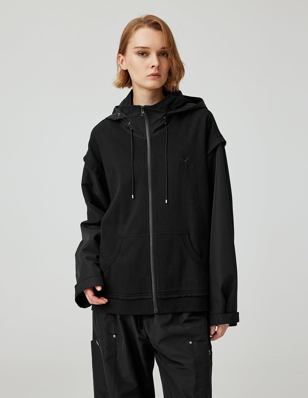 MF Hooded Drawstring Zipper Layered Loose Black Jacket