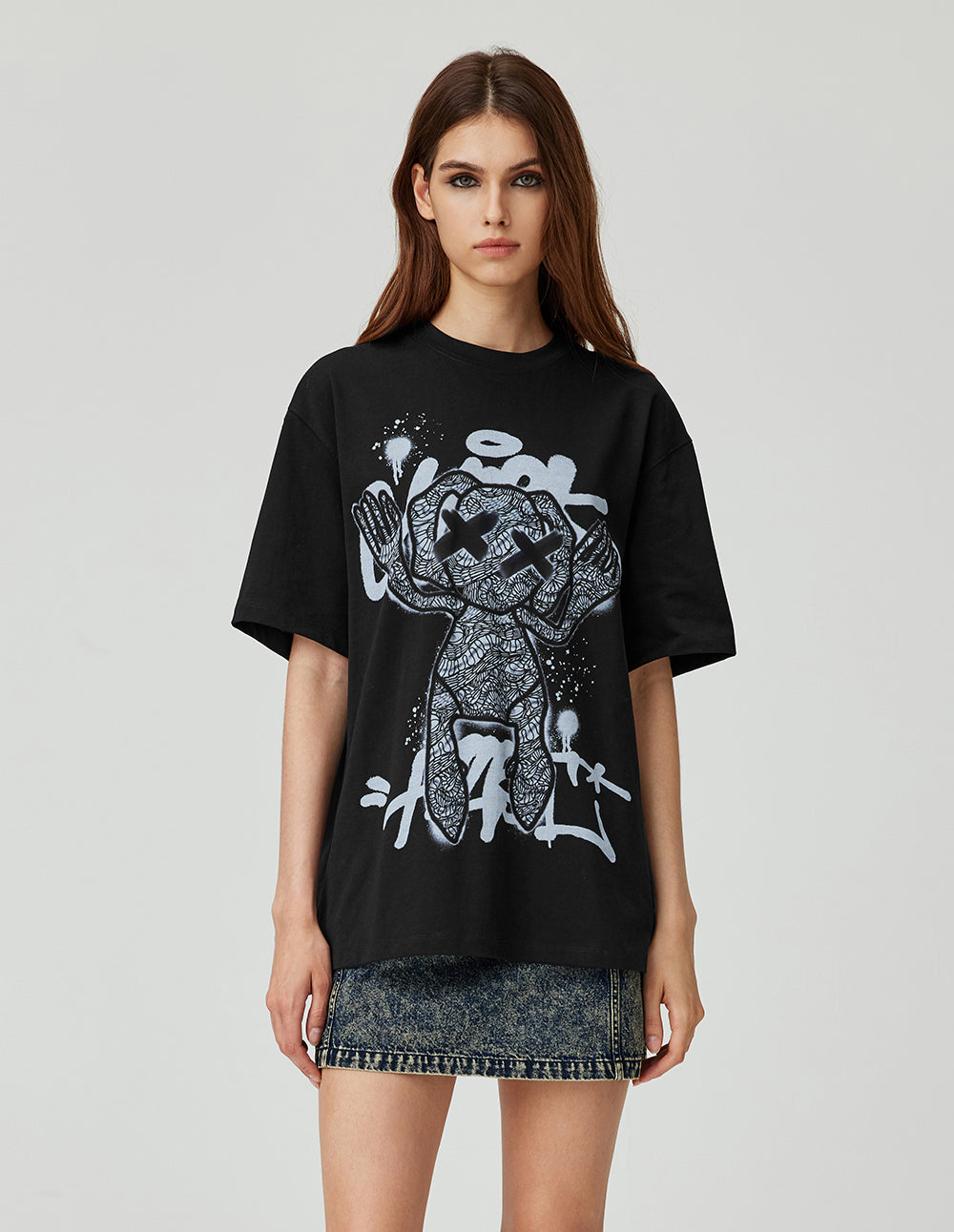 MF Unisex Threaded Small Round Neck Abstract Monster Print Loose Cotton T-Shirt