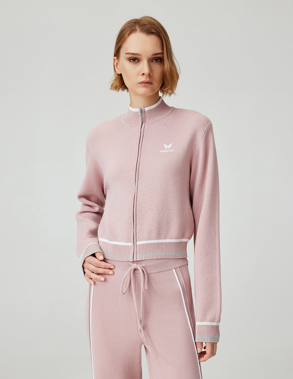 MF comfortable and versatile stand-up collar striped contrast color monster loose elastic ribbed knitted cardigan