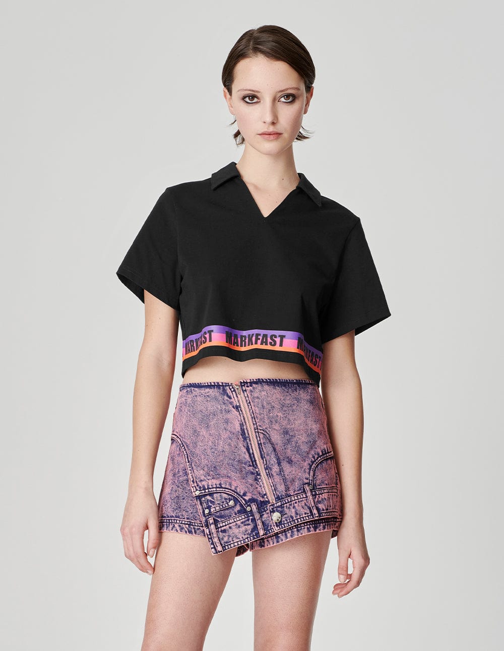 Women's Lapel Logo Printed Short T-Shirt