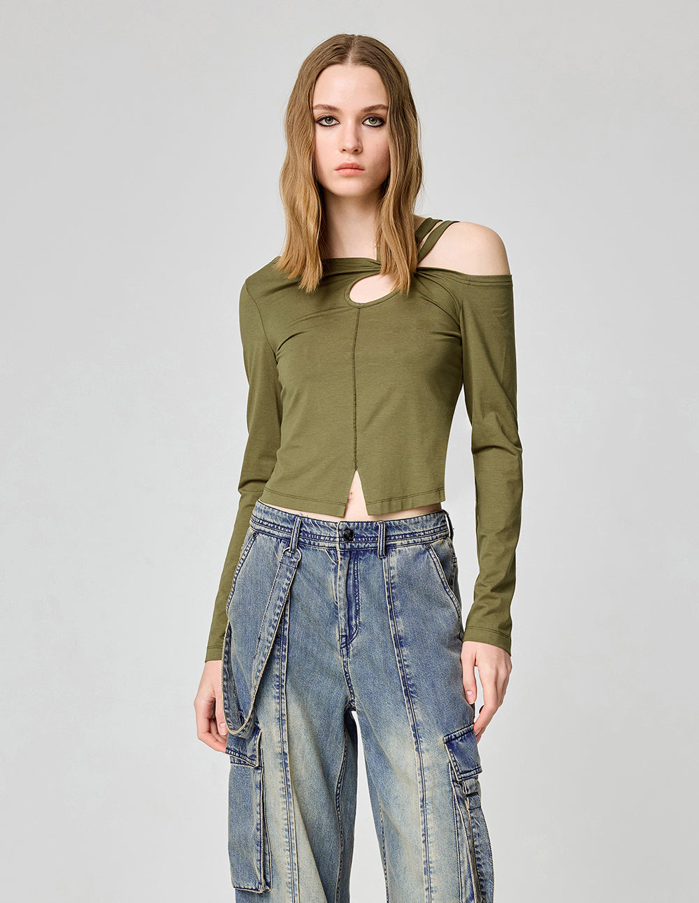 One-Shoulder Oblique Collar Double Strap Hollow Top