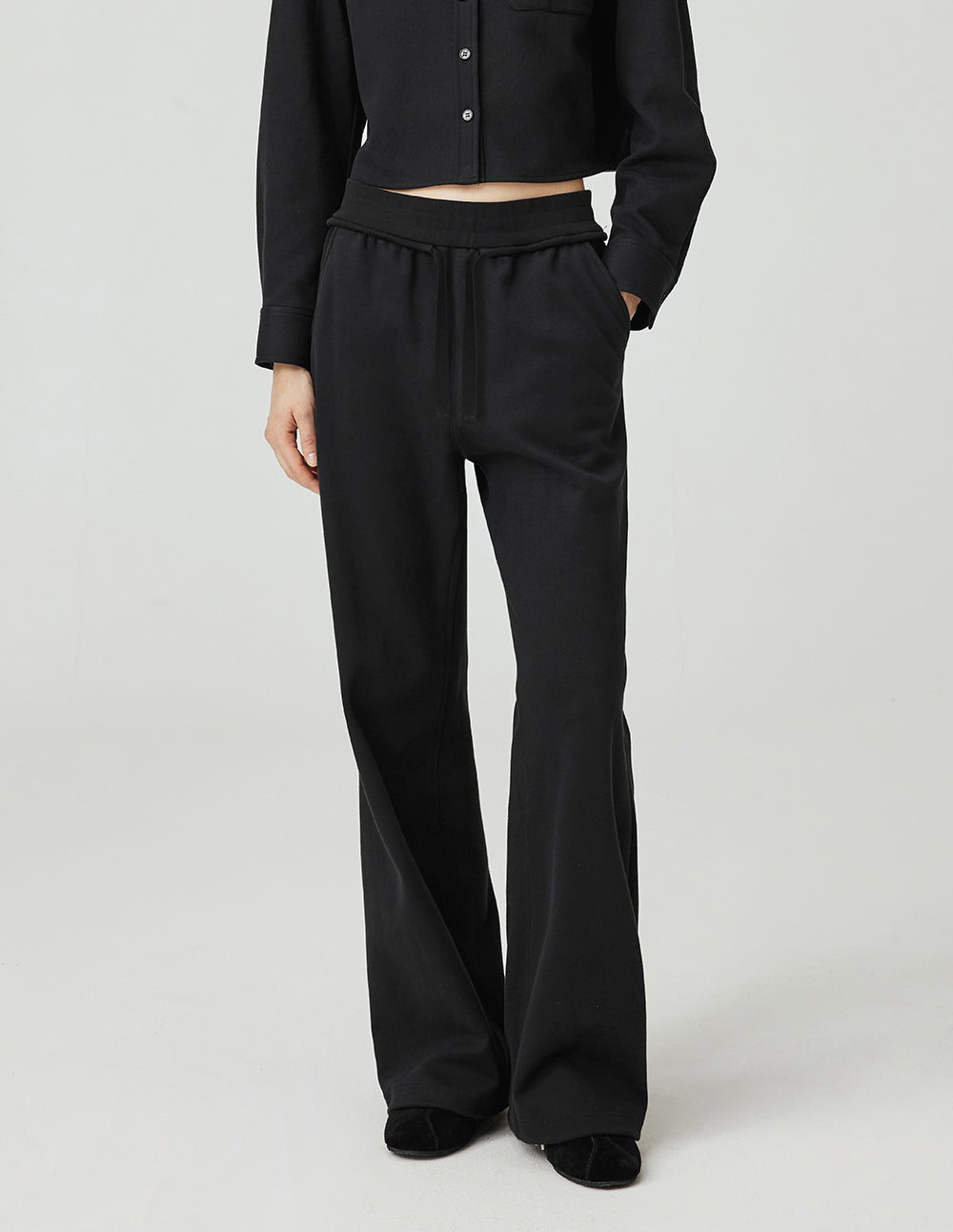 MF Elastic Drawstring Waistband Loose Fit Slimming Black Straight Leg Pants