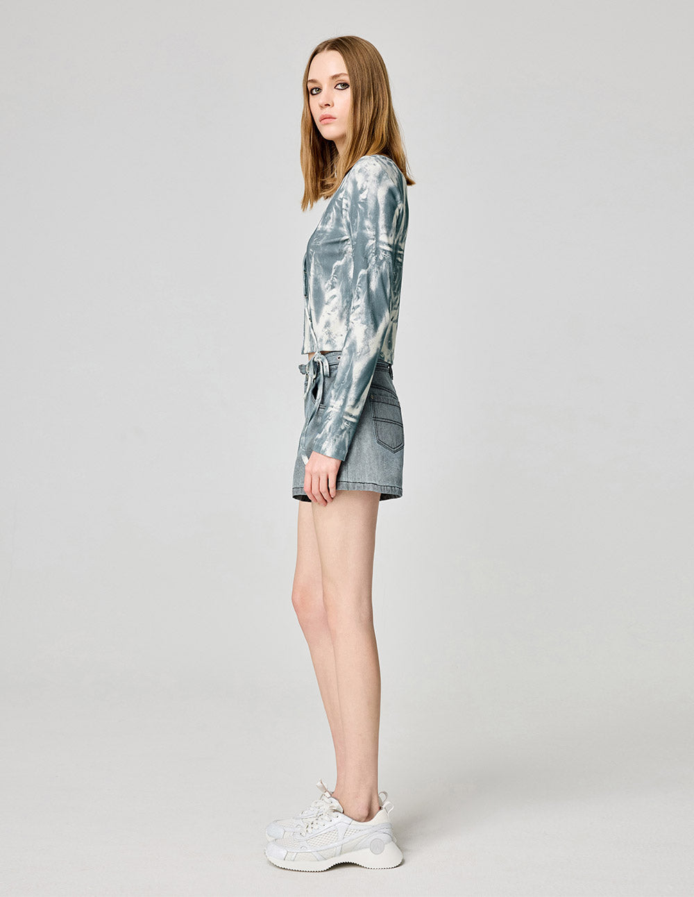 Women's Light Gray And Blue Printed Knitted Top