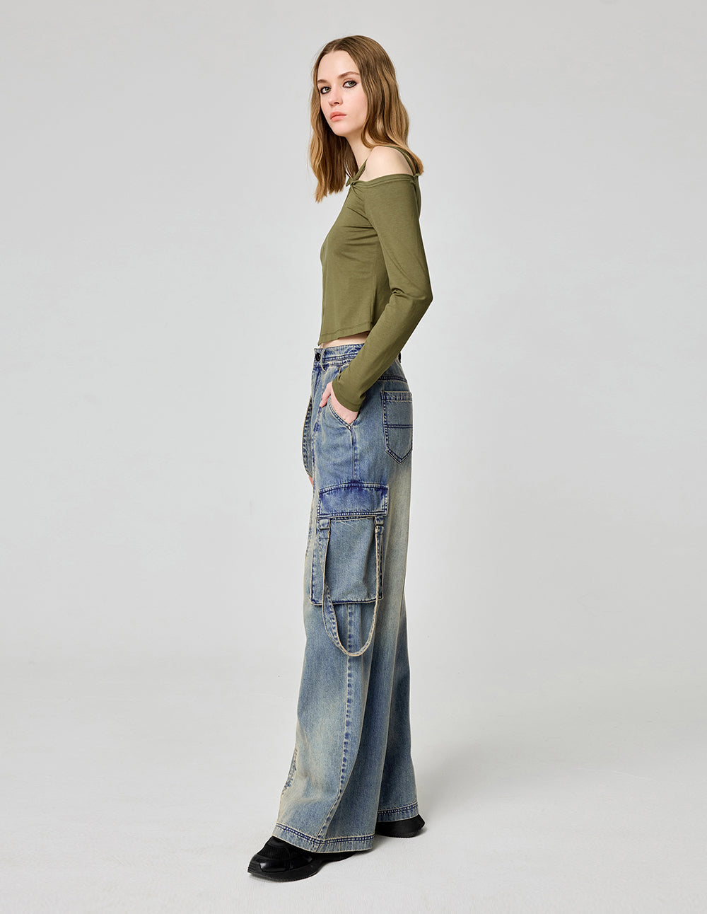 One-Shoulder Oblique Collar Double Strap Hollow Top