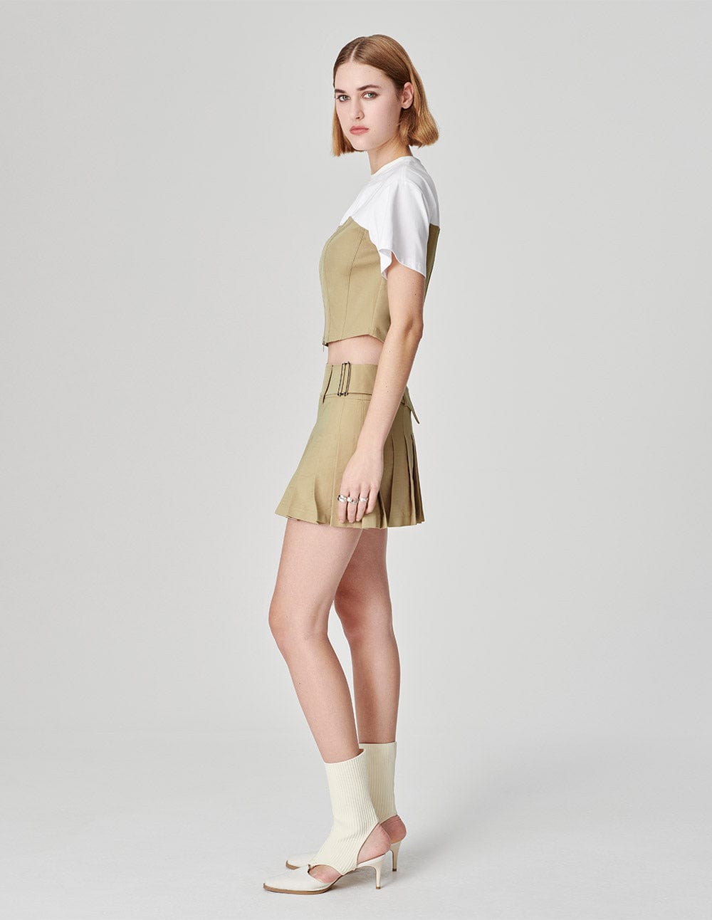 Women's Apricot Patchwork Fake Two-Piece Crop Top