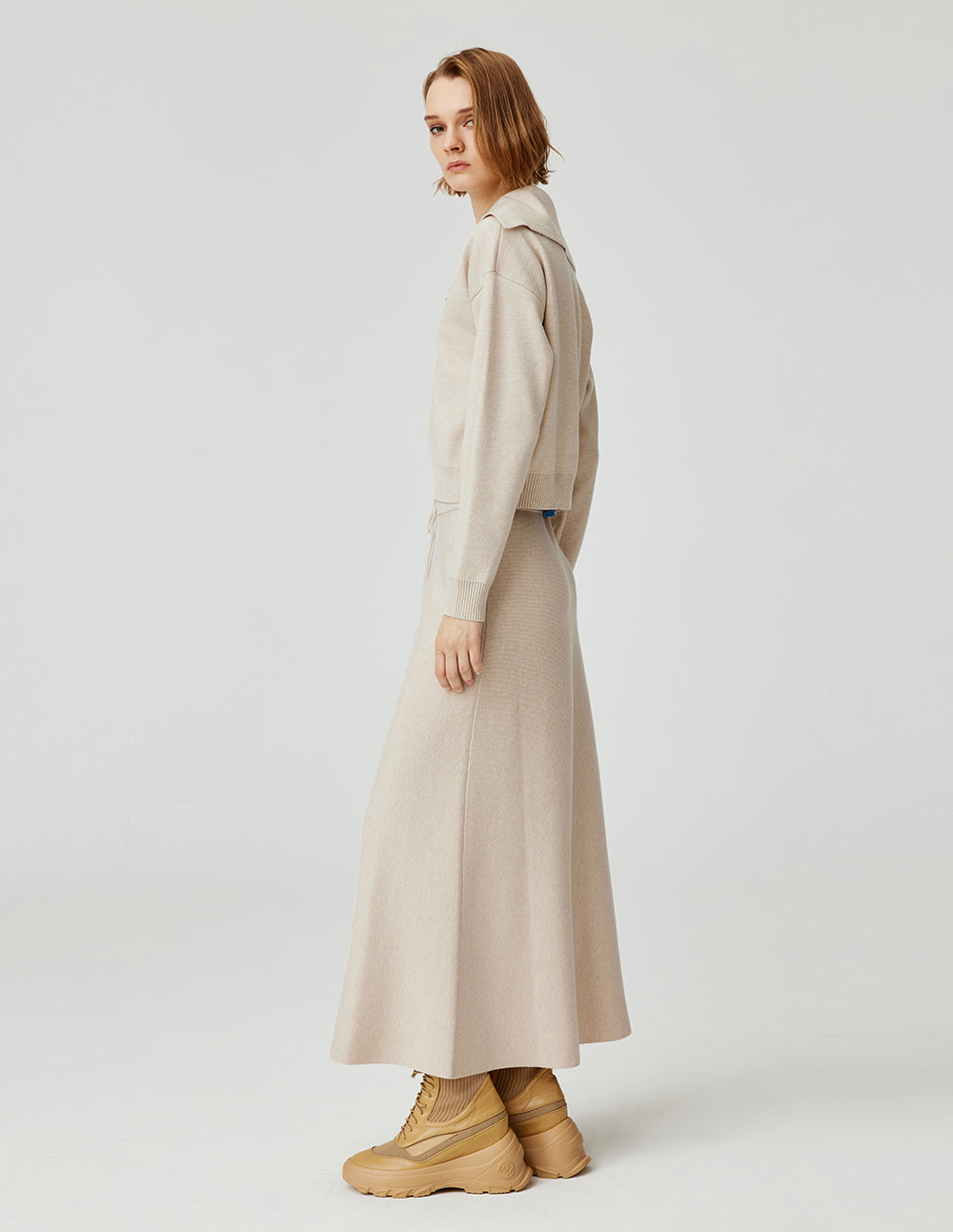 MF high waist elastic lace-up versatile slimming A-line knitted skirt