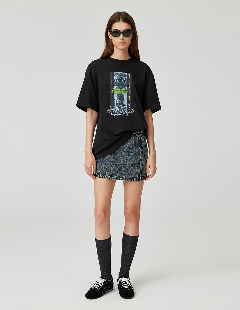 MF Threaded Small Round Neck Film Monster Print Loose Cotton T-Shirt