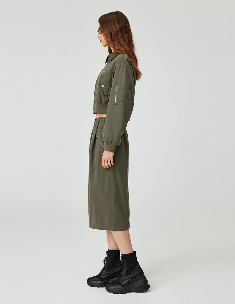 MF Retro Grey Olive Green Lapel Flight Jacket Short Cotton Jacket