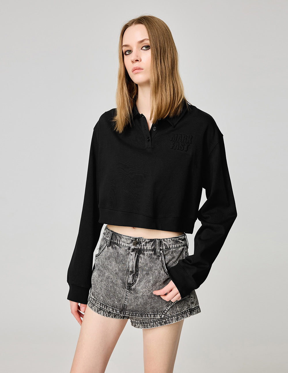 Women's Black Loose Cotton Polo Shirt