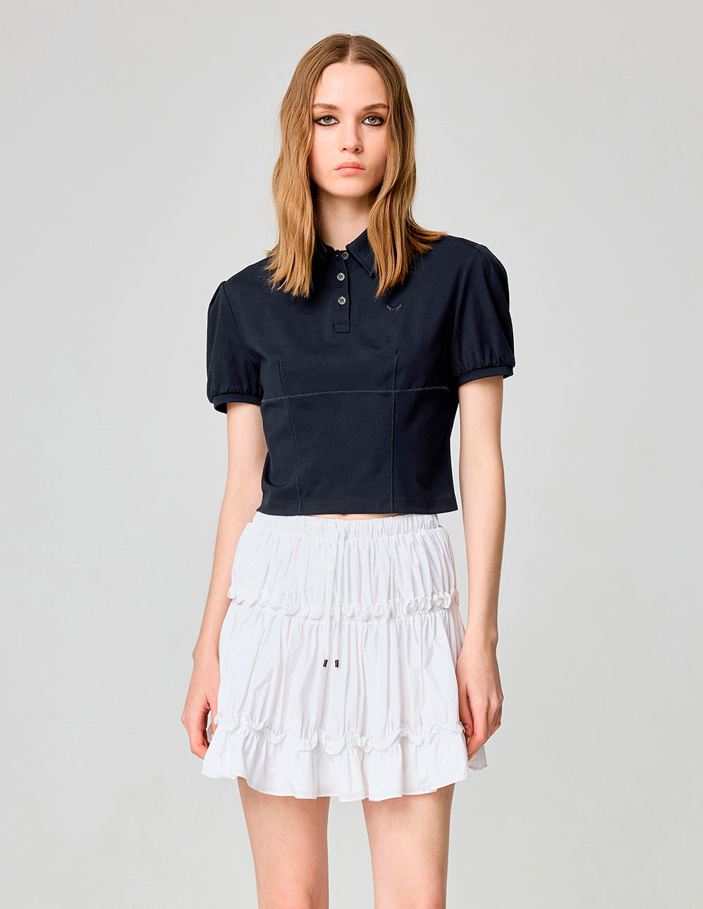 Fresh French Style Polo Lapel Bubble Short-Sleeved T-Shirt