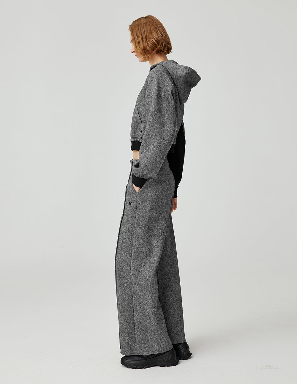 MF floral grey contrast elastic thread hooded zip-up sweatshirt jacket