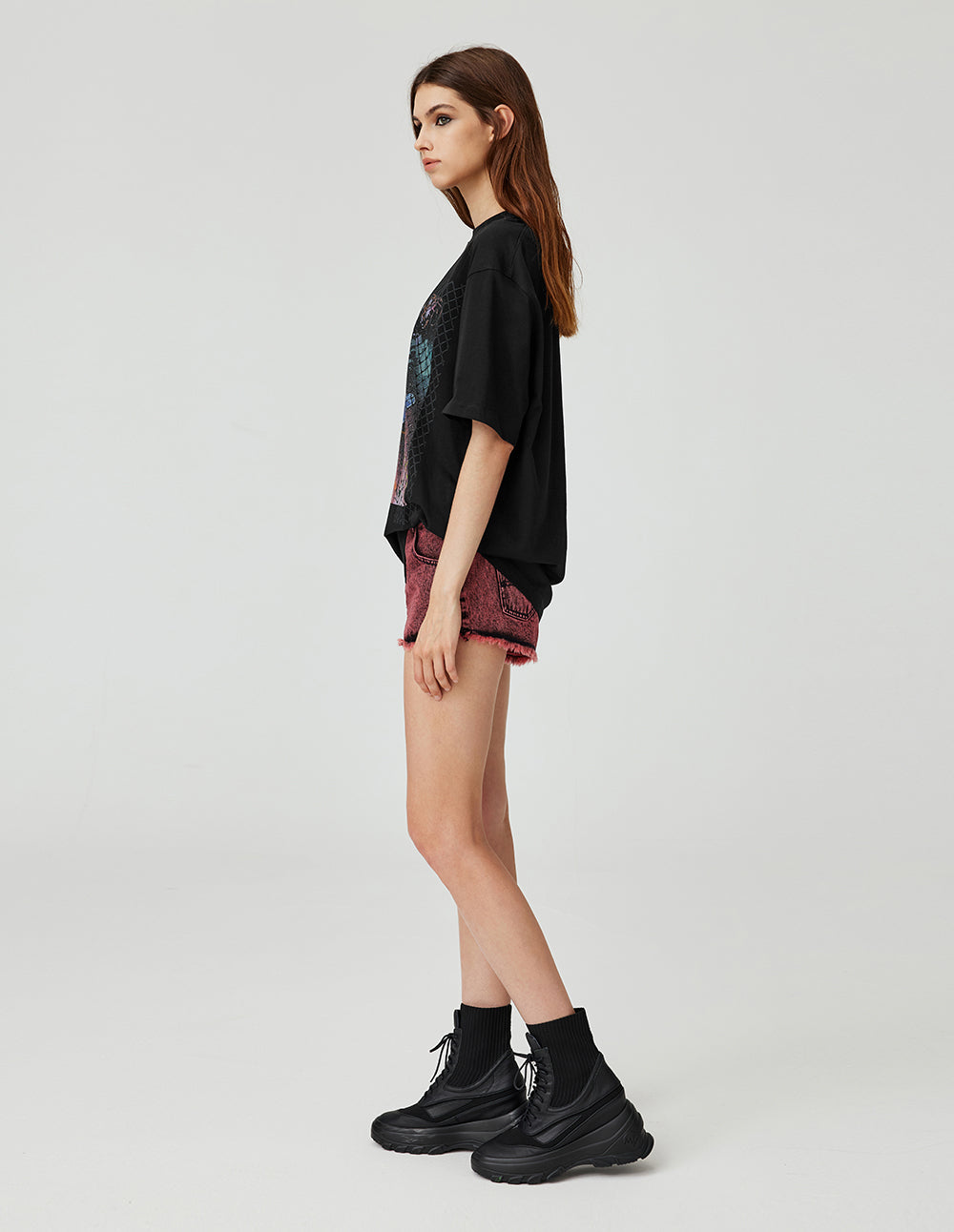 MF Unisex Threaded Small Round Neck Grid Lightning Pattern Abstract Print Loose Cotton T-Shirt