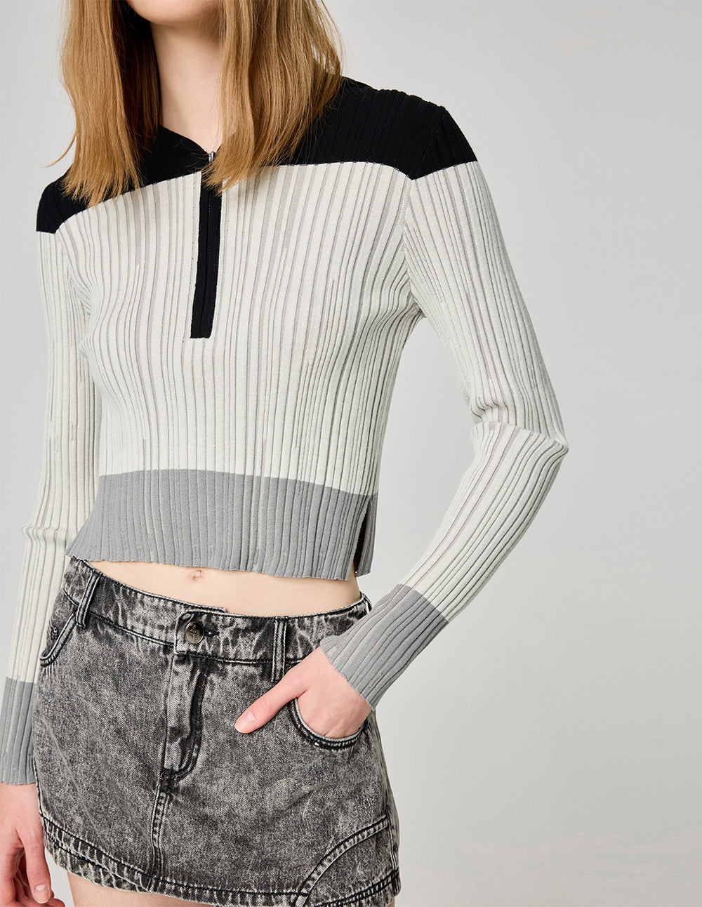 Women's Threaded Three-Color Patchwork Knitted Pullover