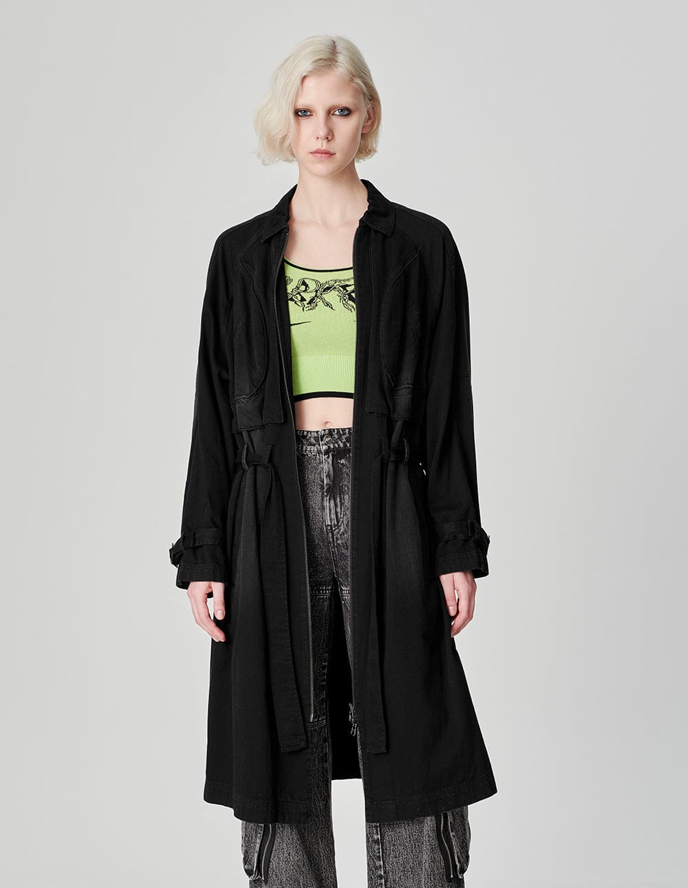 Unisex Double Zipper Belted Denim Jacket