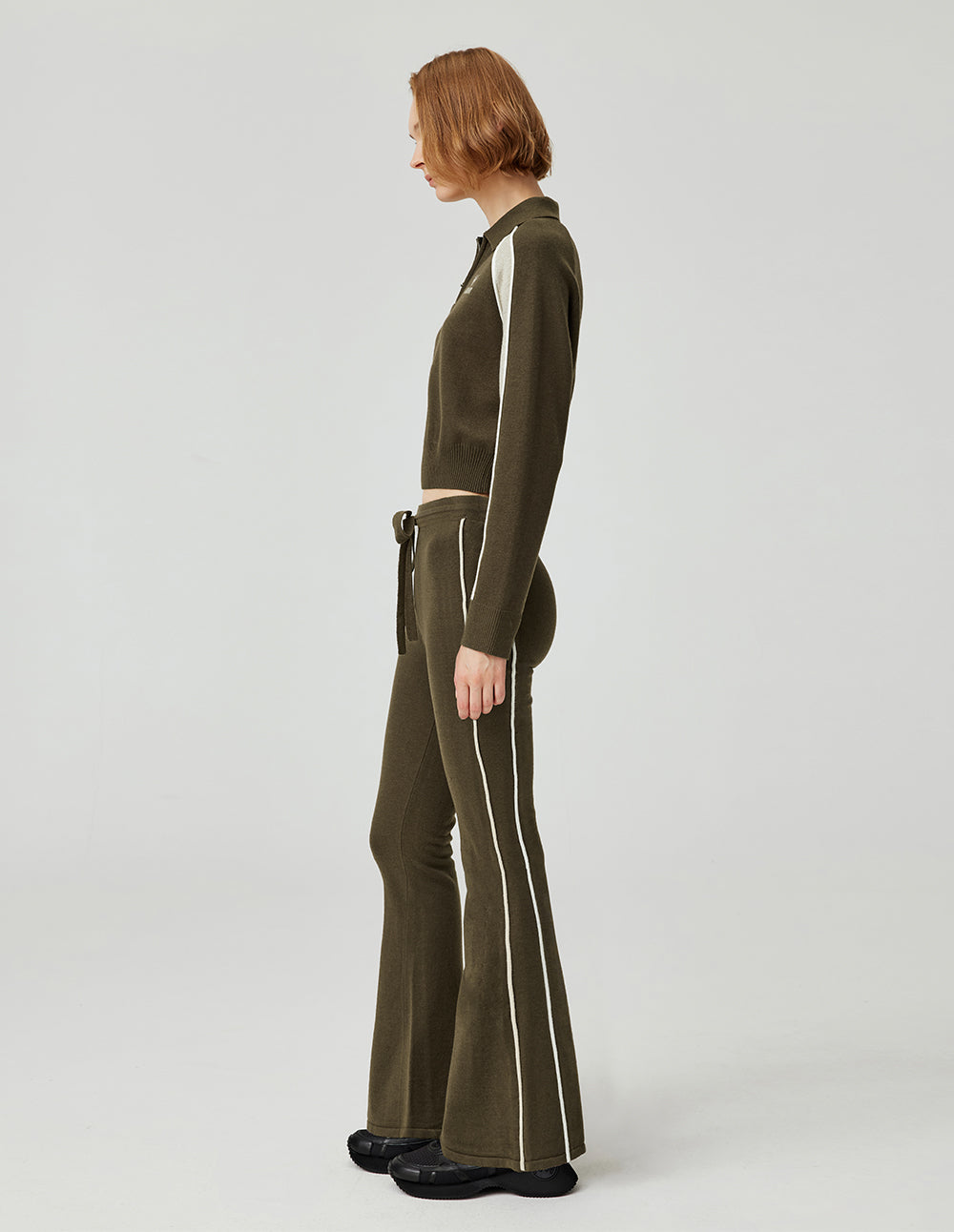 MF gray olive green contrast side stripes versatile loose knit wide-leg pants