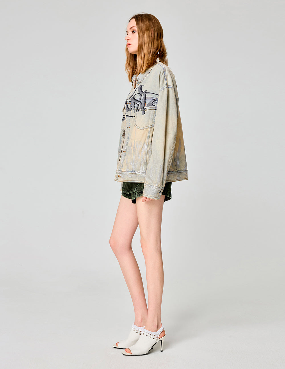 MF Artistic Hand-Painted Lettering Printed Washed Denim Jacket