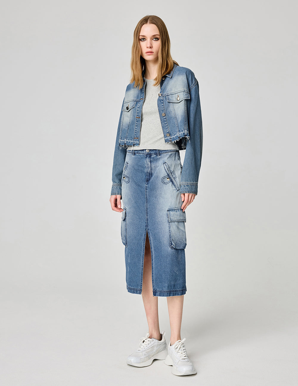 Women's Mid-Length Denim Skirt With Front Slit