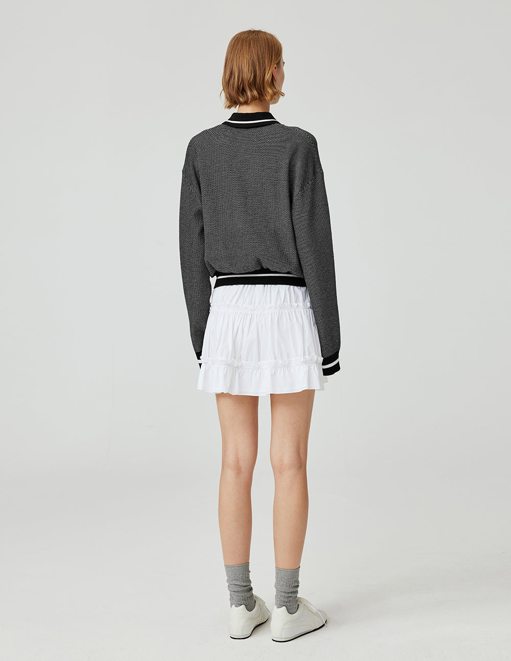 MF contrast color polo lapel zipper ribbed knitted cardigan