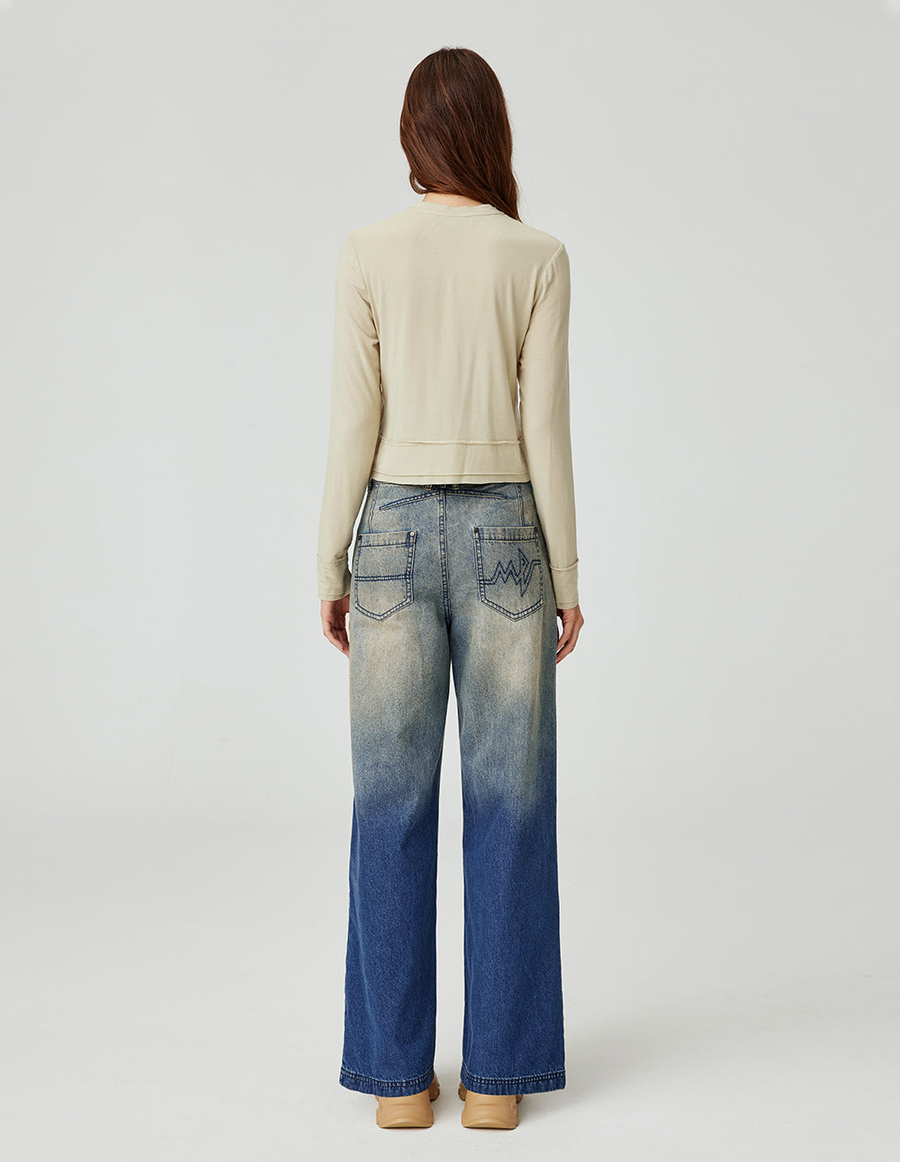 MF all-match apricot round neck monster comfortable stretch top