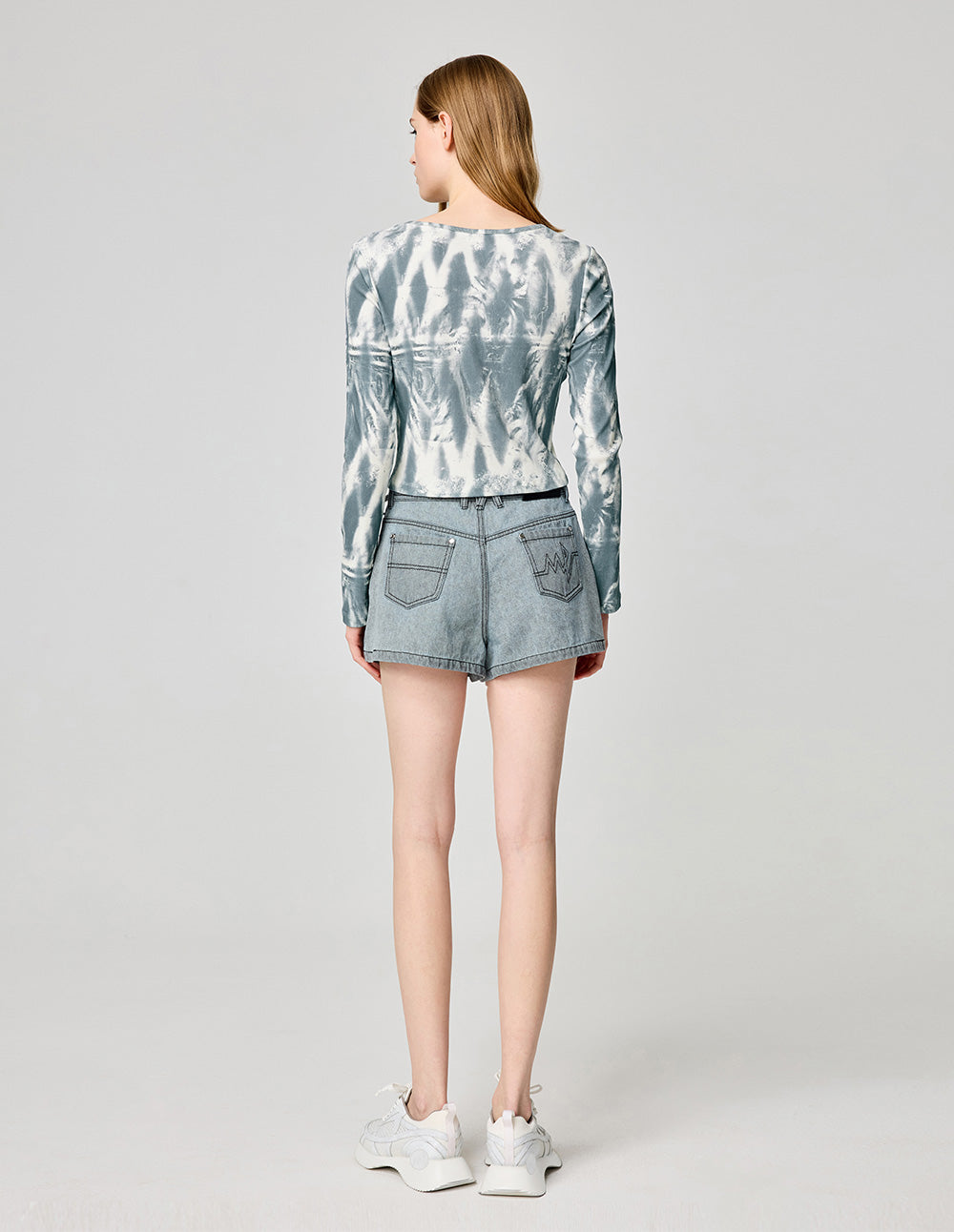 Women's Light Gray And Blue Printed Knitted Top