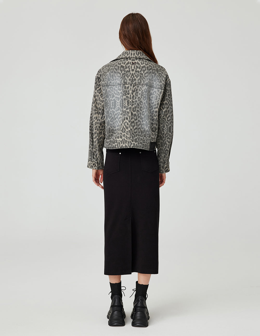 MF neat large lapel slant placket zipper gray leopard print washed denim jacket