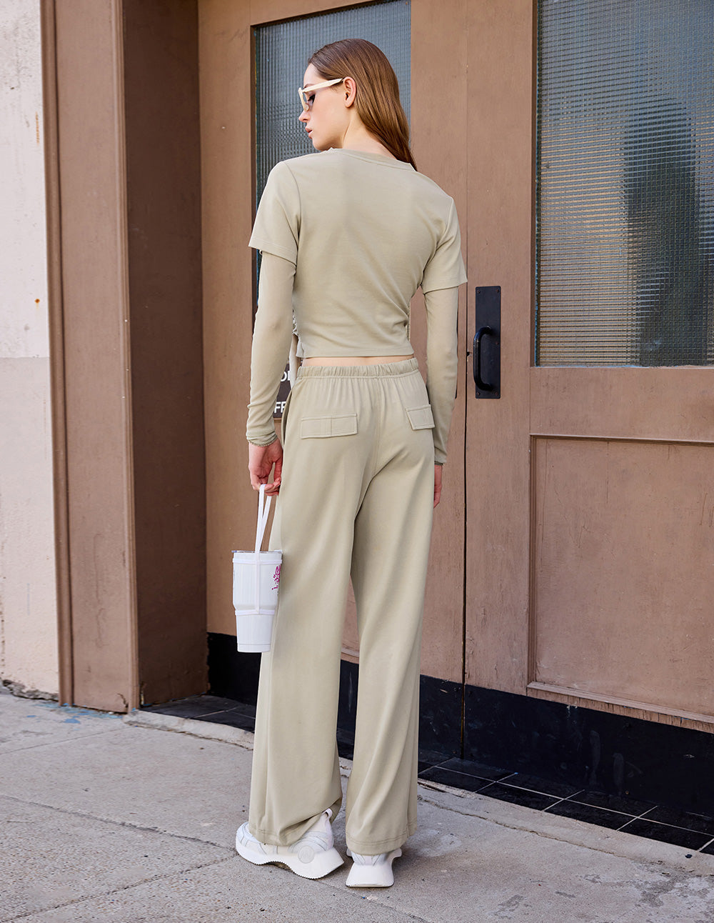 Ladies Fake Two Piece Light Brown Strappy Sweater