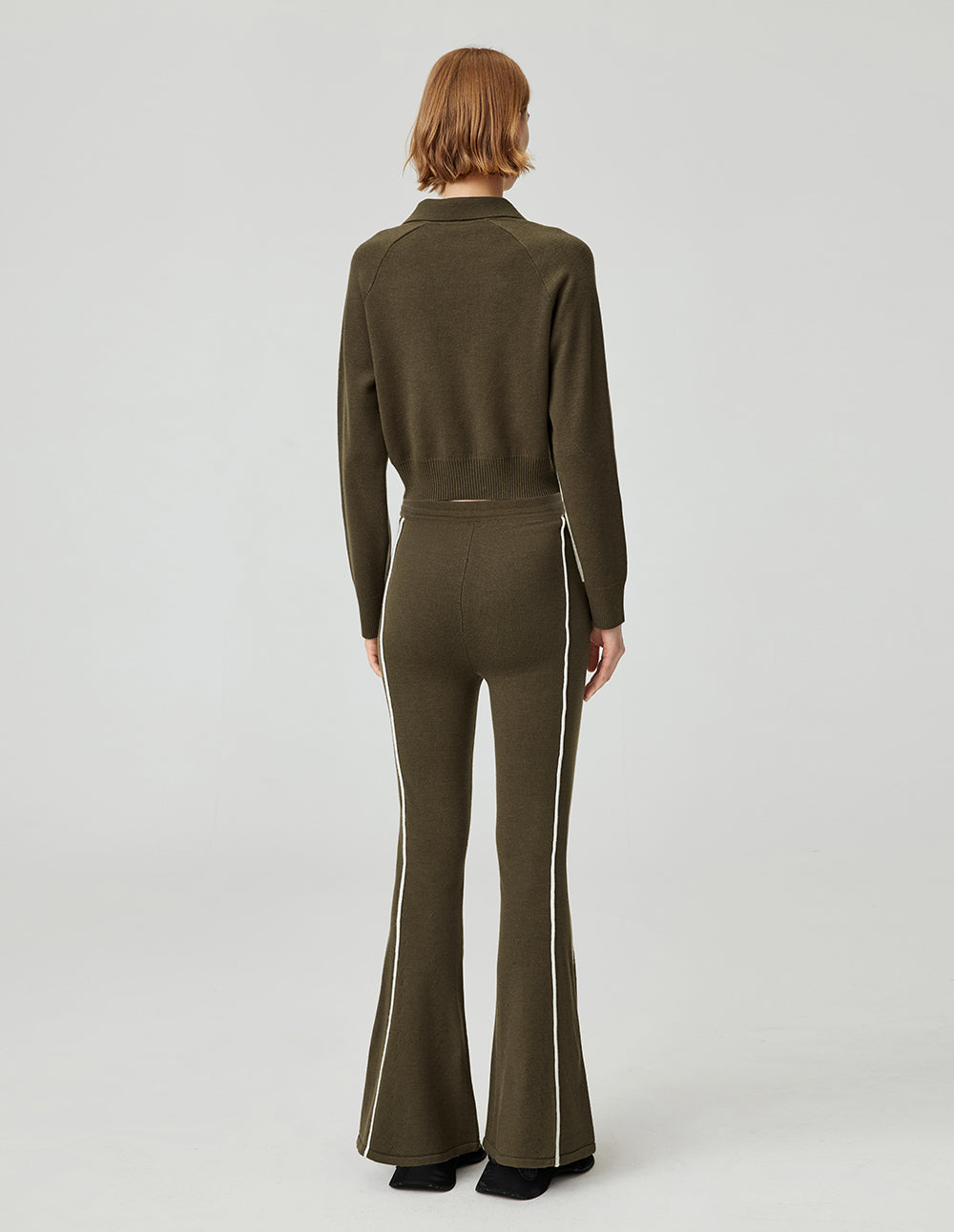 MF gray olive green contrast elastic ribbed waist lapel knitted sweatshirt