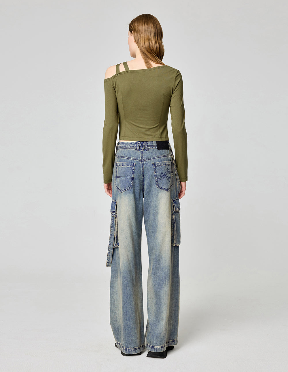 One-Shoulder Oblique Collar Double Strap Hollow Top