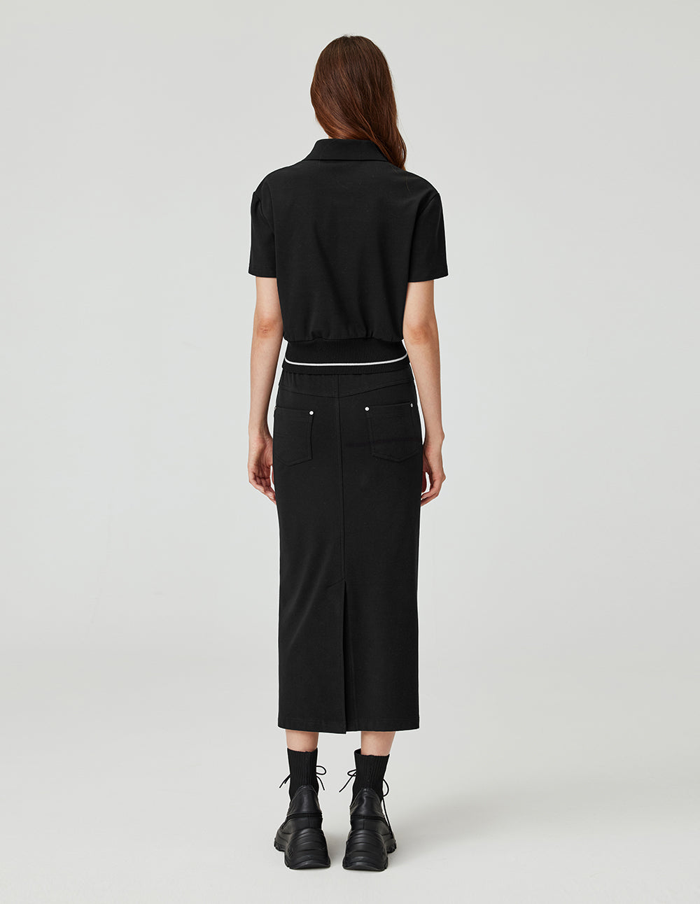 MF layered color-blocked washed long denim skirt