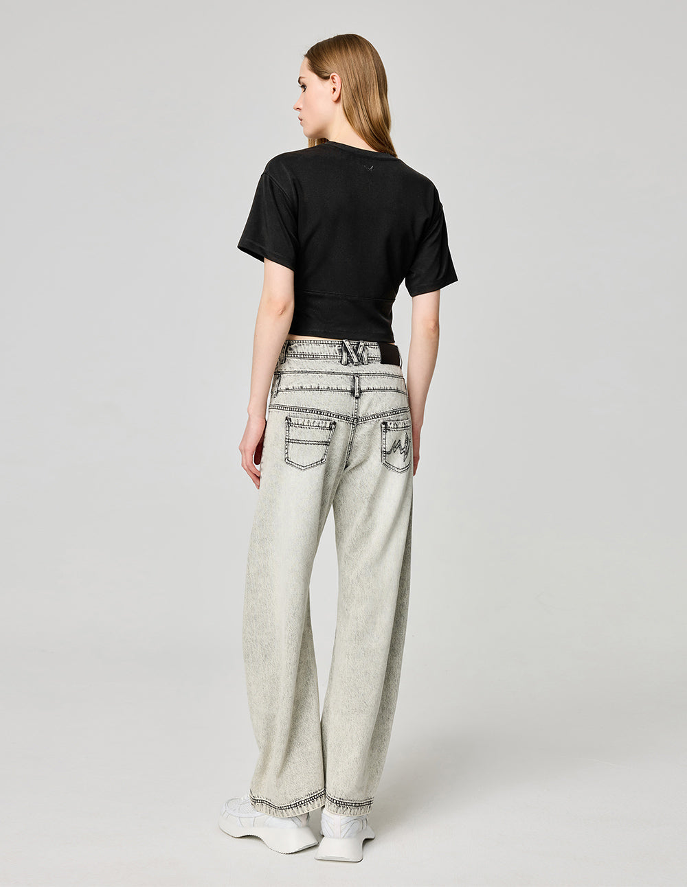 Women's Round Neck Short Sleeve Metal Button Girdle T-Shirt