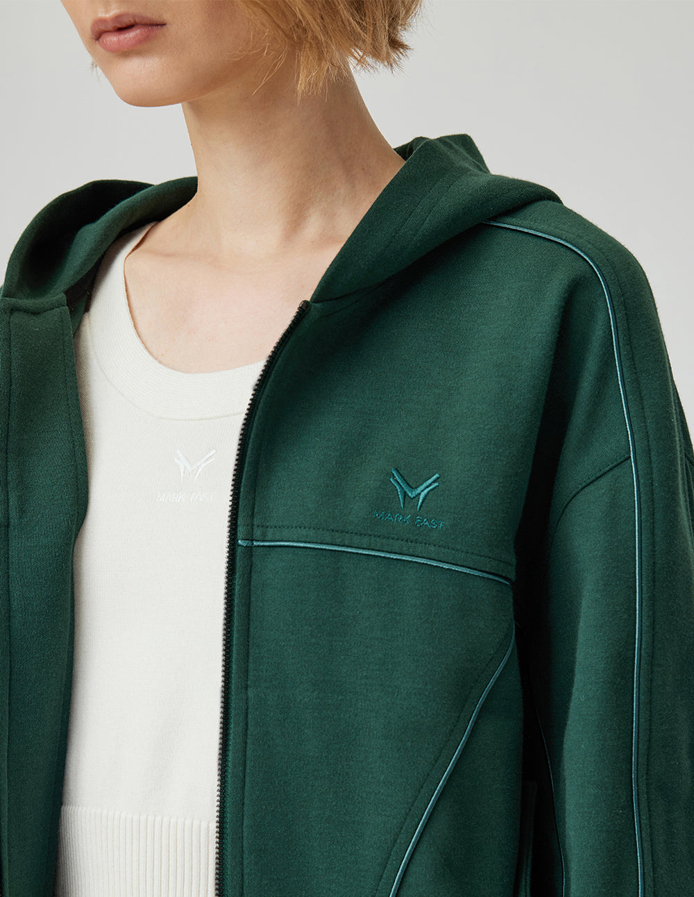 MF Deep Sea Green Loose Ribbed Ruffled Hooded Zipper Sweatshirt