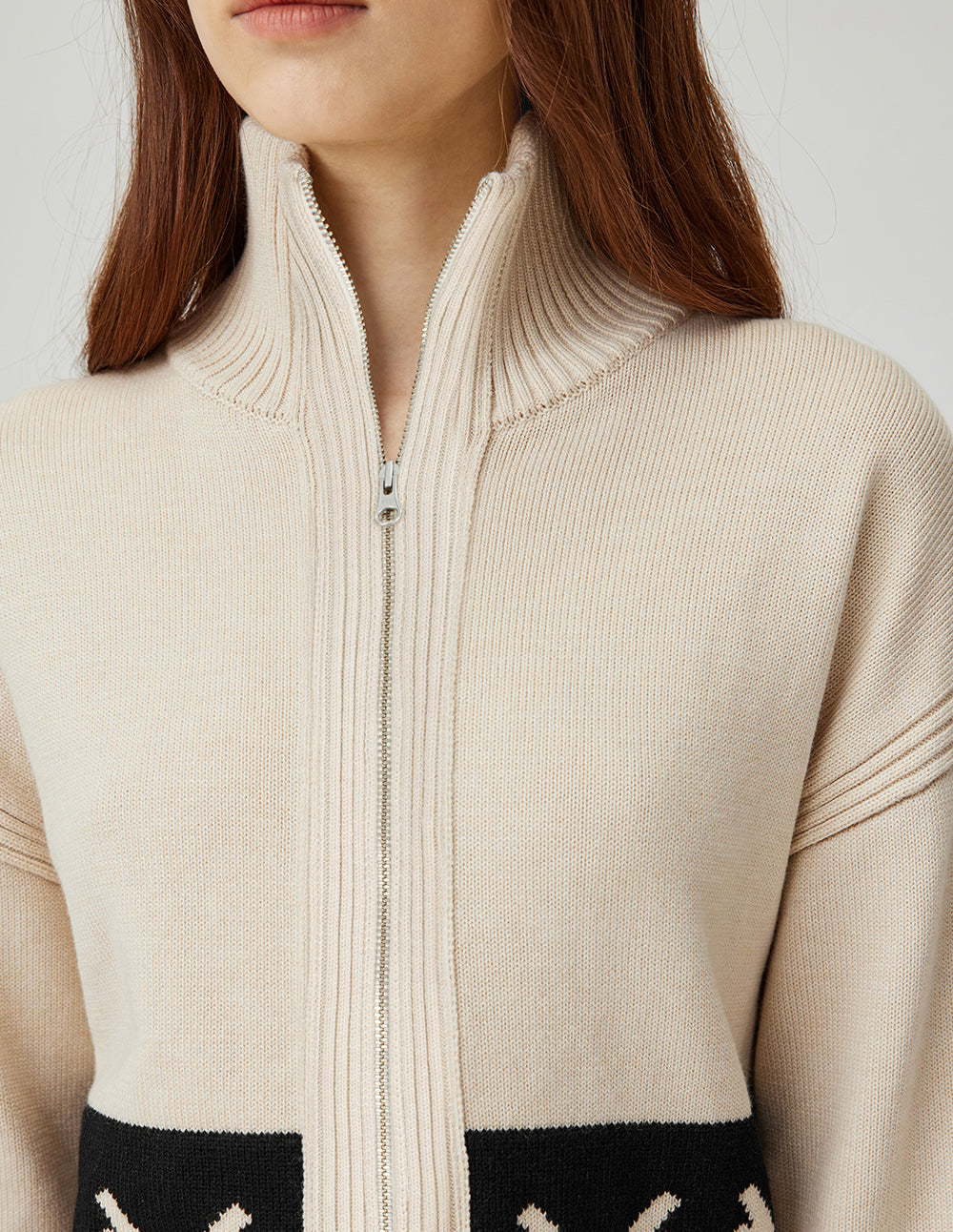 MF light beige ribbed stand collar zipper patchwork monster print knit open front