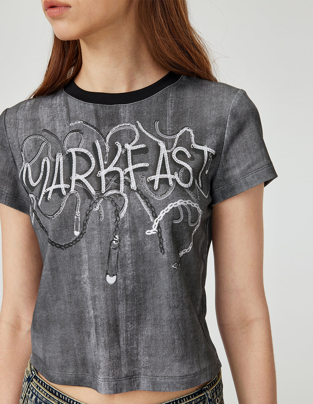 MF Contrast Color Round Neck Design Chain Print Art T-Shirt